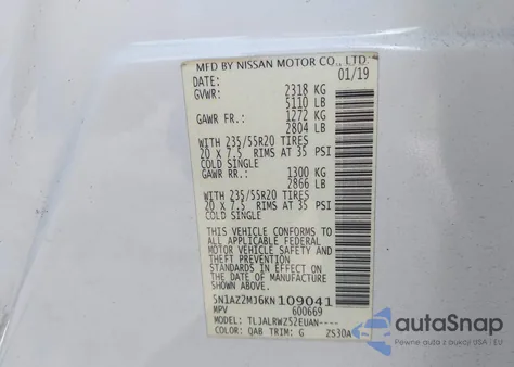 2019 Nissan Murano Sl z USA, uszkodzony, nr VIN 5N1AZ2MJ6KN109041